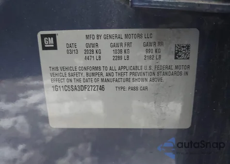 2013 Chevrolet Malibu 1Lt из США, поврежденный, VIN 1G11C5SA3DF272746